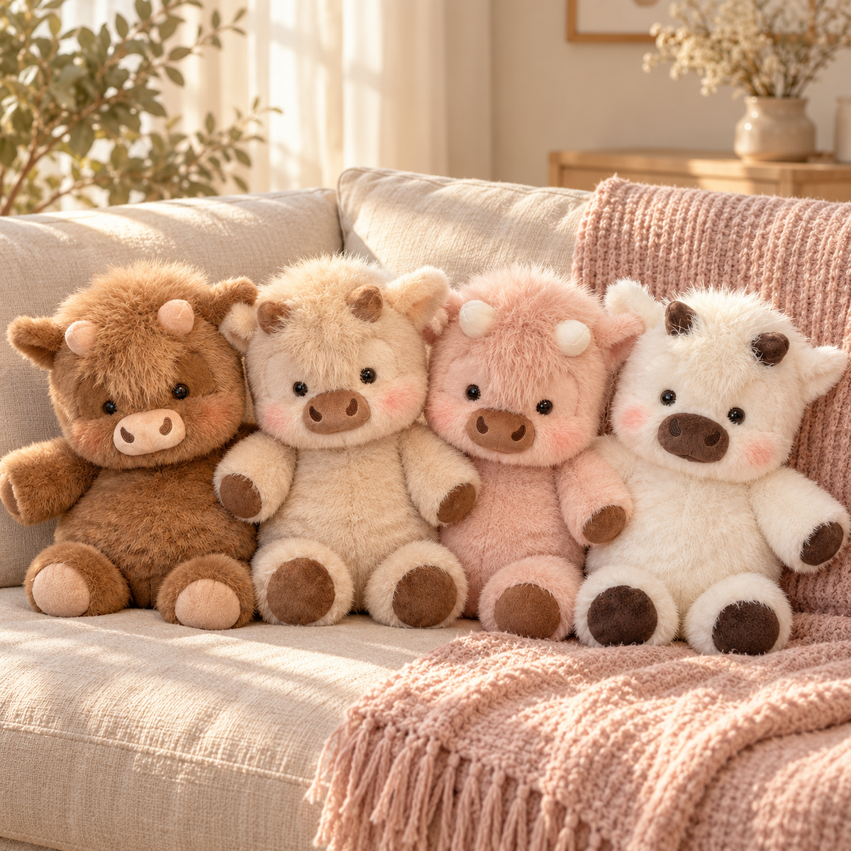The Cozy Herd: Cocoa, Biscuit, Rosie and Snowy Highland cow plushies on an oatmeal sofa. Styled lifestyle image.